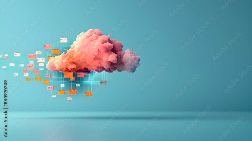 Poster cloud data with flowing digital documents and dynamic visuals