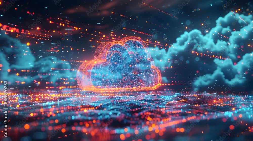 Poster visually captivating cloud computing with flowing data and dynamic visuals
