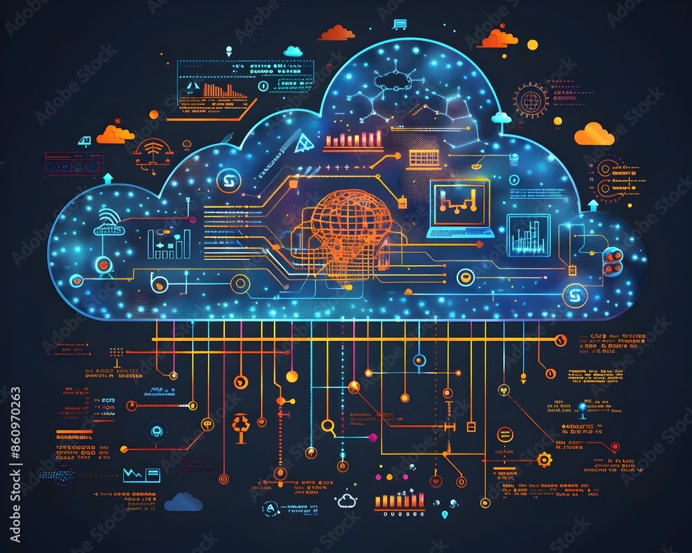 Poster comprehensive cloud computing infographic with detailed icons and statistics educational and informa
