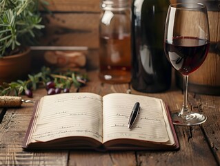 Meticulously Crafted Wine Tasting Notes in a Refined Journal with a Pen Beside a Vibrant Glass of Wine on a Rustic Wooden Surface