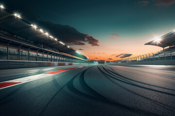 ultra realistic photo of empty race track with grandstand in the background, cinematic, dusk
