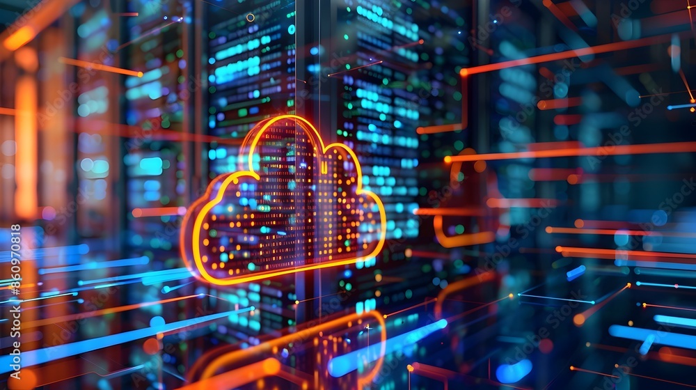 Poster futuristic glowing data center with digital cloud icons cloud computing concept