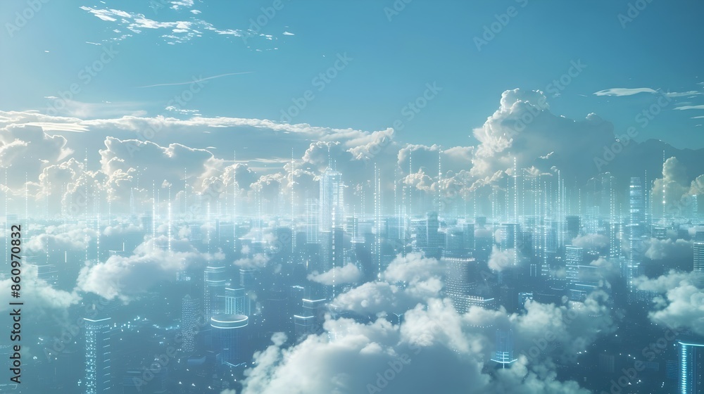 Poster futuristic cityscape with connected digital cloud networks symbolizing smart cities and cloud comput