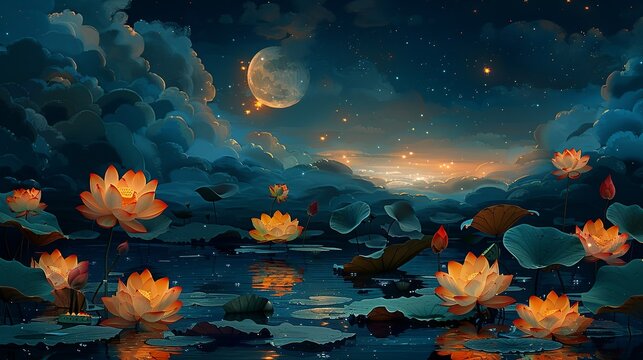 Ethereal dreamscape with floating lotus flowers, shimmering water, and a glowing moon, evoking peace, tranquility, and spiritual awakening. Illustration, Minimalism,