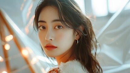 Elegant woman model with serene expression by window, illuminated by soft natural light, capturing a peaceful and intimate moment.