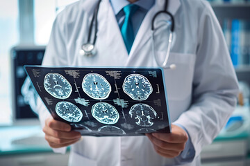  doctor holds a medical x-ray image of a patient's head. A variety of different shapes and sizes, indicating a complex medical condition. 