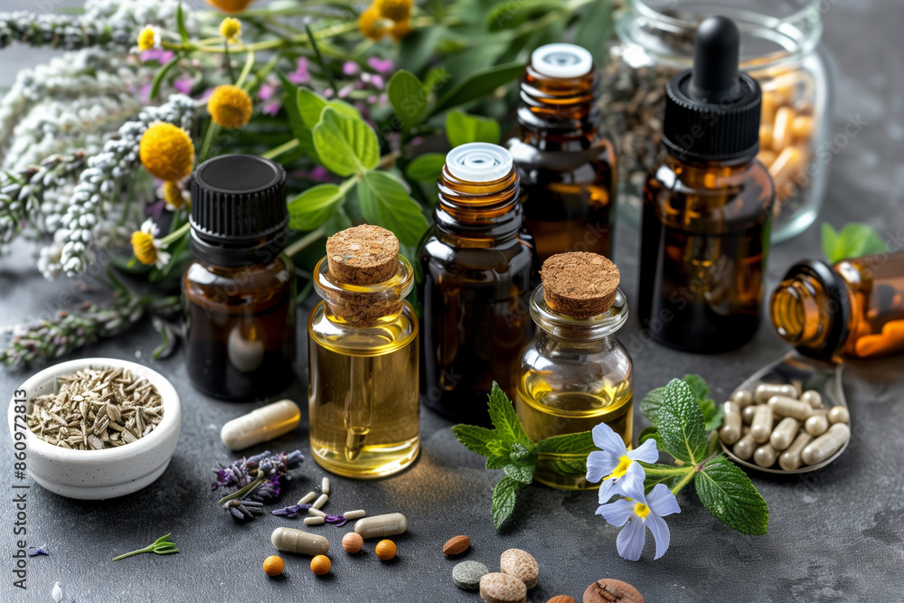 Aufkleber a table with many different herbs and spices, including some in bowls and some in bottles. the table