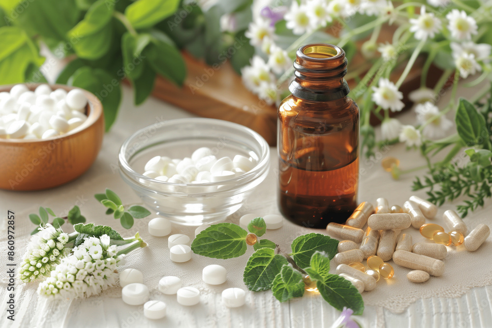 Poster a table with many different herbs and spices, including some in bowls and some in bottles. the table