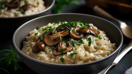 Close up of a bowl of creamy risotto with mushrooms and parsley.