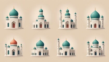 Obraz premium Mosque a illustration, set of icons for design mosque, mosque Islamic Ramadhan, elements mosque muslim, illustration of an mosque. minaret design. church tower vector
