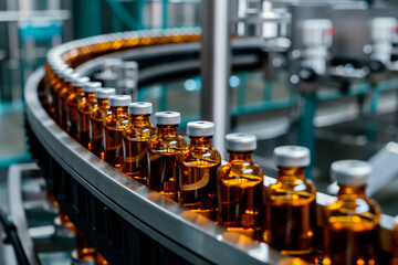 Obraz premium A conveyor belt is filled with bottles of medicine. The bottles are lined up in a row and are all the same color