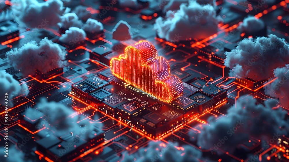 Poster edge computing cloud showcasing edge devices linking to central cloud computing concept