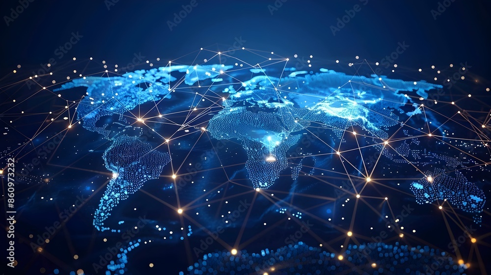 Poster interconnected global cloud network visualization with world map and data streams