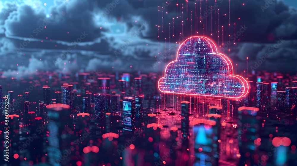 Poster edge computing data processing with cloud neon backdrop