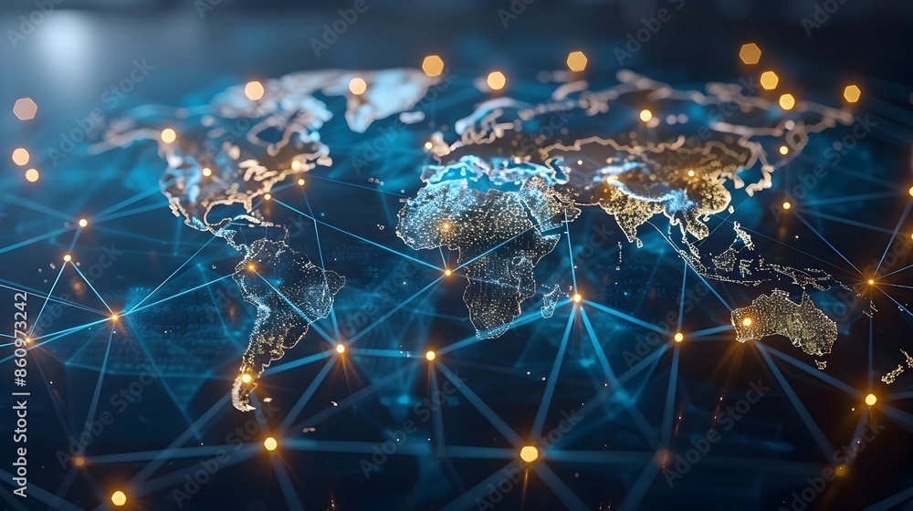 Poster global cloud network with world map and connected data streams illustrating cloud computing concept