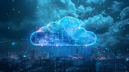 Futuristic 5G Cloud Computing Network Concept with Illuminated City Skyline