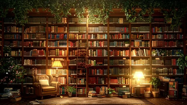 Charming library corner with bookshelves and a reading chair, softly lit by a vintage lamp, perfect for quiet moments