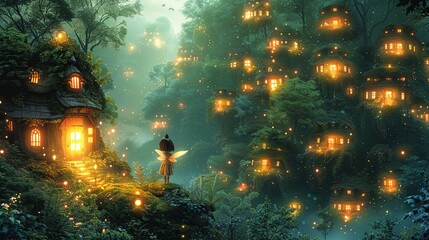 Wonderous scene of a child discovering a hidden fairy village in the forest, with glowing lights and magical creatures. Illustration, Minimalism,