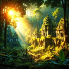 Fototapeta premium a forgotten city in a jungle the sunbeam falling through the leaves of the trees 1