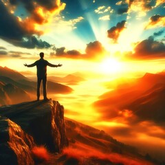 Fototapeta premium A person standing on a cliff, looking out at a vast, open landscape with a sunrise in the background. The person is facing the camera. 1