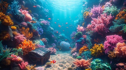 Obraz premium Dreamlike underwater world with colorful coral reefs, exotic fish, and a sunken treasure chest, evoking a sense of adventure. Illustration, Minimalism,