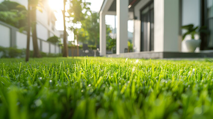 Exterior view of house with green grassHome For SaleRentHousing and Real Estate concept : Generative AI