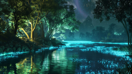 The bioluminescent trees around the lake emanate a delicate glow, creating an extraordinary, luminous scenery that delights and calms all who admire it.