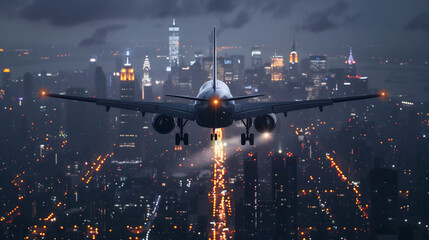Obraz premium The plane flies through the sky above the city, whose night panorama sparkles with hundreds of lights. Illuminated skyscrapers and streets give the scenery a unique glow.