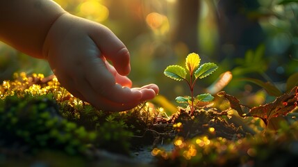 Fototapeta premium Child's hands close up planting a tree in the ground, planting a small tree, caring for and preserving the concept of saving the world, save the world day 