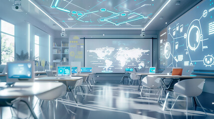 A vision of a future classroom equipped with interactive digital whiteboards and teaching assistants, showing advanced tools supporting the teaching process.