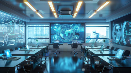 A vision of a future classroom equipped with interactive digital whiteboards and teaching assistants, showing advanced tools supporting the teaching process.