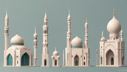 Obraz premium Mosque a illustration, set of icons for design mosque, mosque Islamic Ramadhan, elements mosque muslim, illustration of an mosque. minaret design. church tower vector