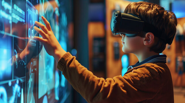 A curious boy explores an interactive exhibition in the museum using AR technology. This advanced technology allows him to gain a deeper understanding of the exhibits.