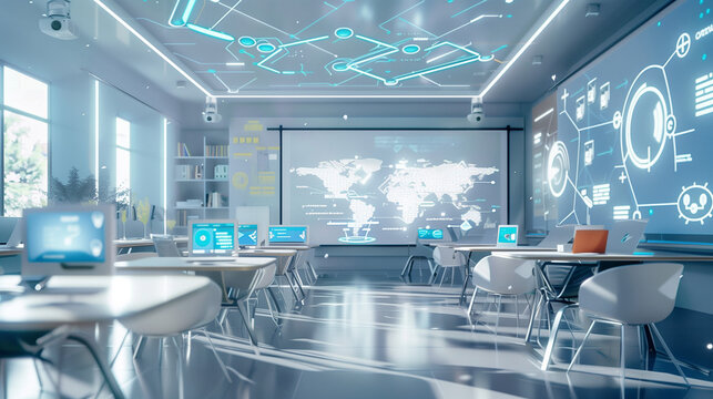 A vision of a future classroom equipped with interactive digital whiteboards and teaching assistants, showing advanced tools supporting the teaching process.