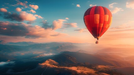 Obraz premium Couple Enjoying a Breathtaking Hot Air Balloon Ride at Sunset Over Picturesque Mountain Landscape
