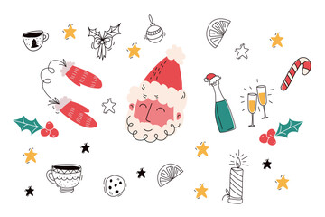Christmas sticker set. Doodle cartoon style. Comic cartoon characters and elements.