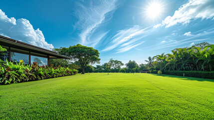 Naklejka premium The area behind the house delights with lush green grass and a clear blue sky. This idyllic place exuded peace and invited you to relax surrounded by nature.