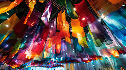 The visual experience at the exhibition is enriched by textile installations falling from the ceilings. Their dynamic forms and intense colors create a space full of life.