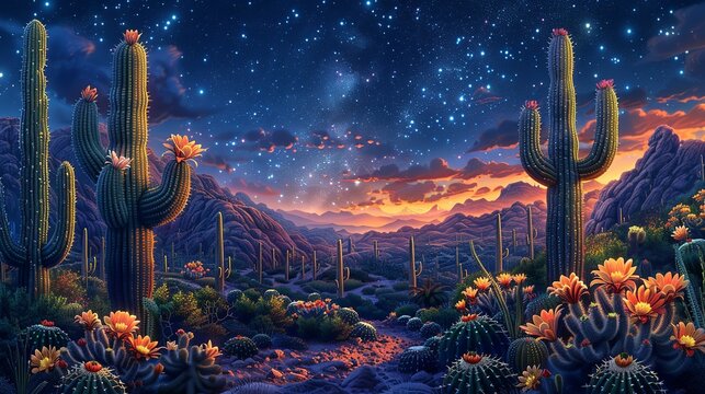 Tall Cereus cacti under a starry night sky, with blooming flowers adding a touch of magic to the desert. Illustration, Minimalism,