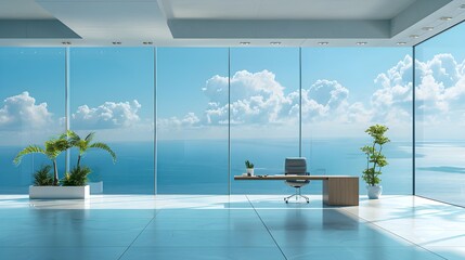 Ocean view home residential property. Modern luxury ocean front beach view home office, holiday inspired minimalist funiture. Tropical scenic landscape background. Contemporary architecture design.