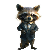 Obraz premium animal crossing of anthropomorphic Raccoon as businessman, full body, standing on 2 legs, 3d character cartoon