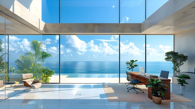 Ocean view home residential property. Modern luxury ocean front beach view home office, holiday inspired minimalist funiture. Tropical scenic landscape background. Contemporary architecture design.