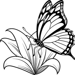 A side view line art of a monarch butterfly resting on a flower 