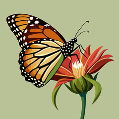 A side view vector art of a monarch butterfly resting on a flower 
