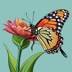 A side view vector art of a monarch butterfly resting on a flower 