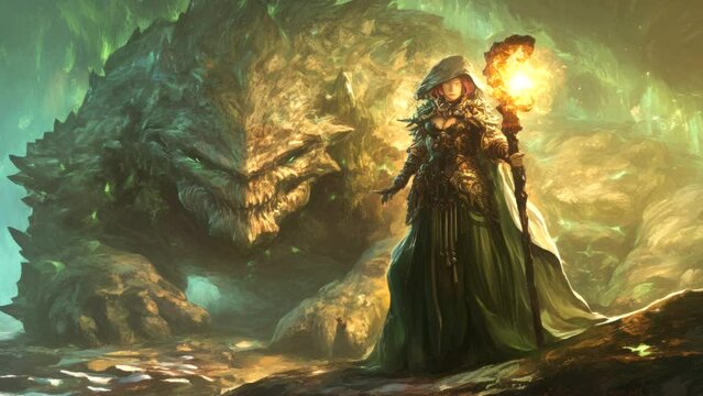 Fantasy warrior with torch and giant stone golem in a mystical forest, symbolizing strength and courage.