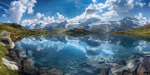 Obraz premium Crystal Clear Alpine Lake Reflecting Snow-Capped Mountains Serene Mountain Landscape with Pristine Lake Reflection
