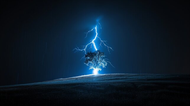 Flash of lightning striking a solitary tree on a hill, illuminating the dark sky and creating a dramatic scene. Illustration, Minimalism,