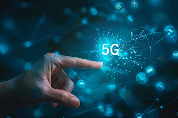 5G and Internet of Things (IoT) concept with a hand touching a virtual 5G signal