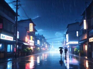 anime background rain at nighttime 1